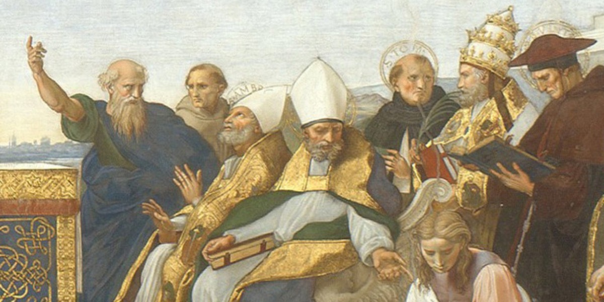 Group of religious figures in ornate robes and hats, some holding books and gestures, in a classical painting.