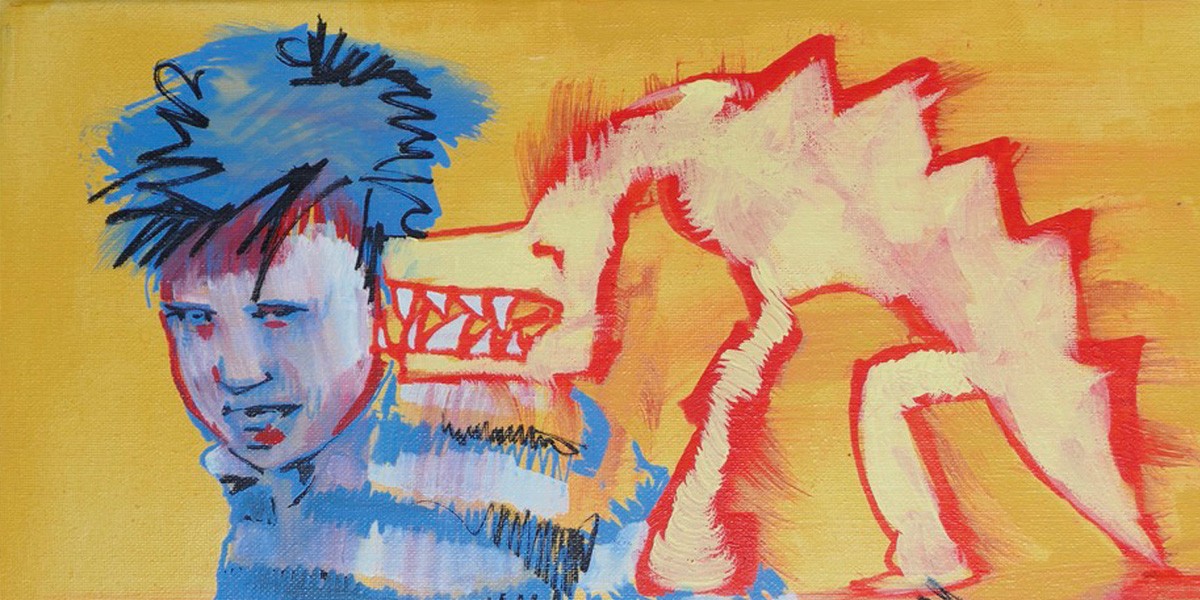 Abstract painting of a blue-haired figure facing left and a red-outlined creature with sharp teeth behind it.