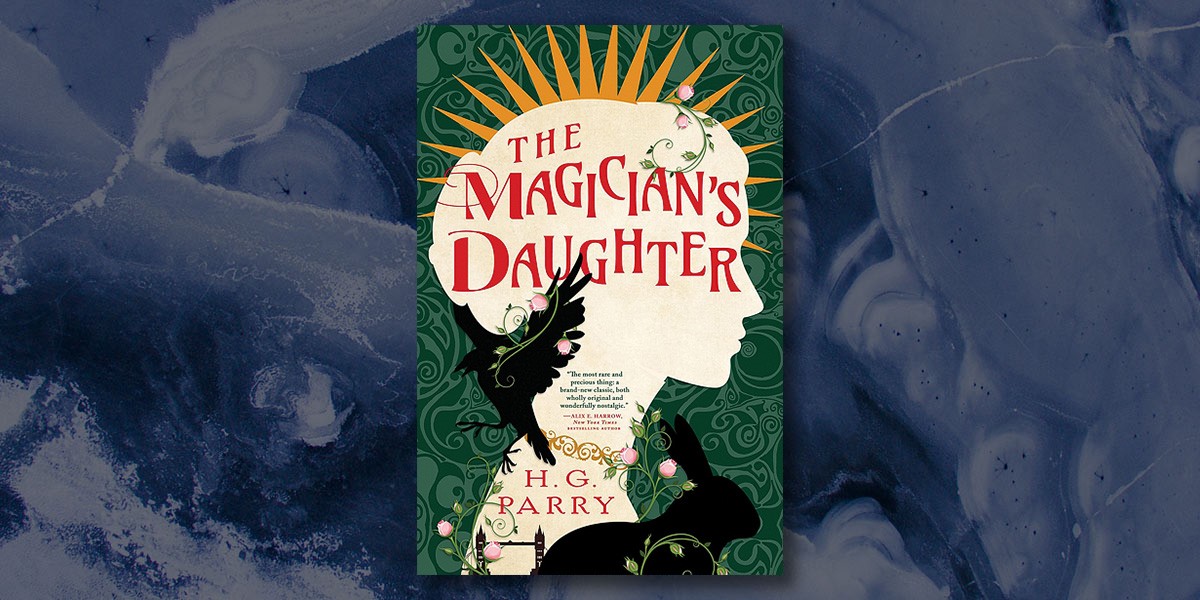 Book cover for The Magician's Daughter by H.G. Parry with silhouette, sun rays, raven, and rabbit.