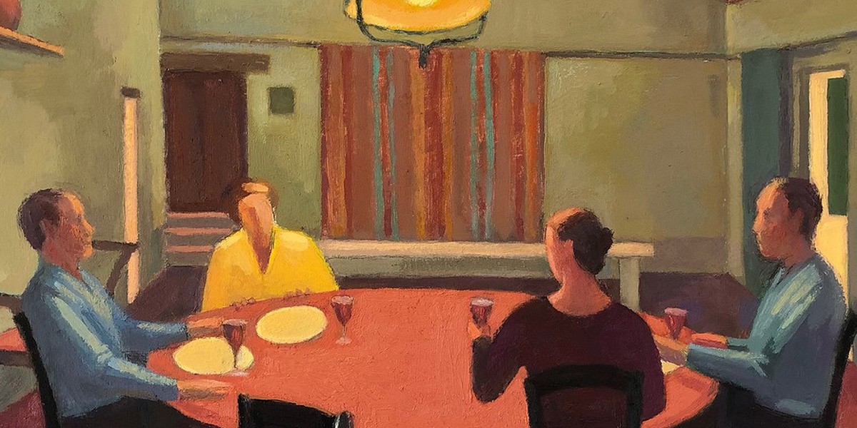 Painting of four people sitting around a round table with plates and glasses in a dim room.