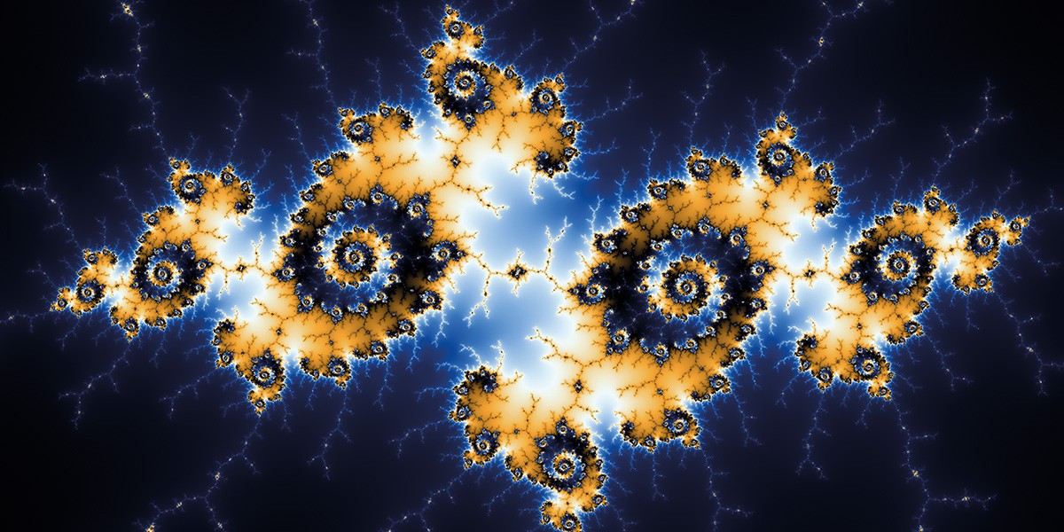 Bright gold and blue fractal spirals radiating on a dark background with intricate branching patterns.