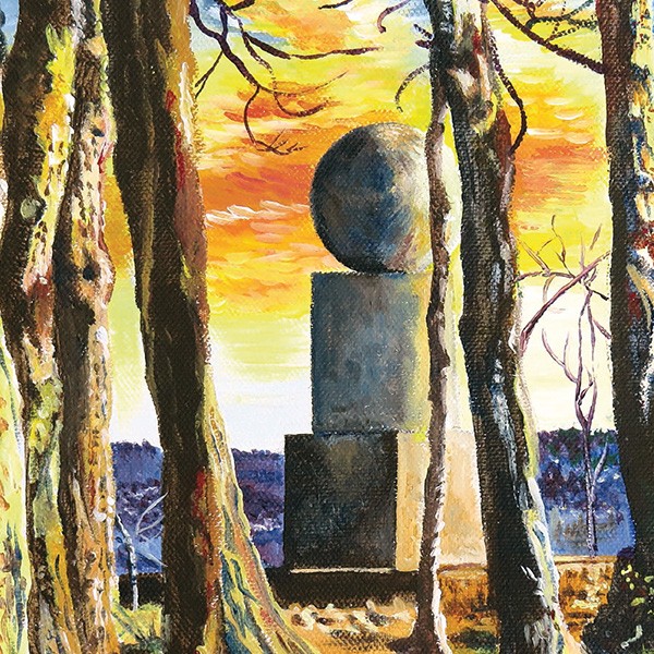 Painting of trees framing stacked geometric shapes—a sphere atop two cubes—with an orange sunset sky.