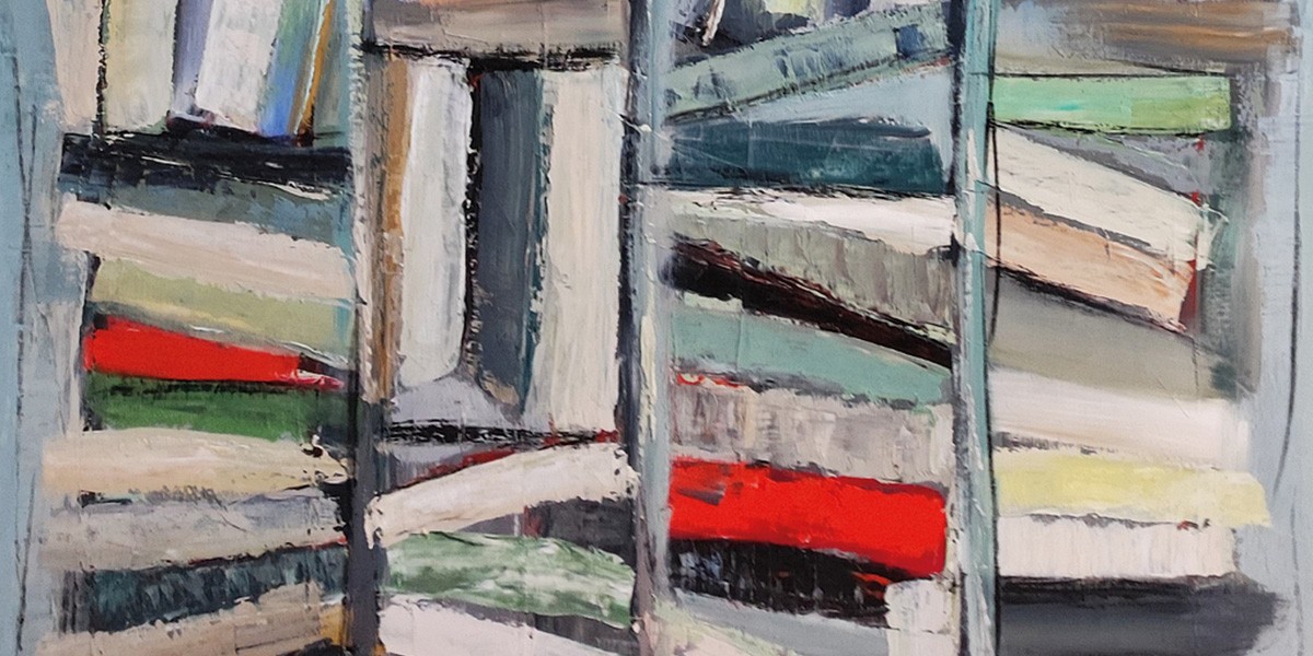 Abstract painting with vertical and horizontal brushstrokes in muted colors and bright red accents.