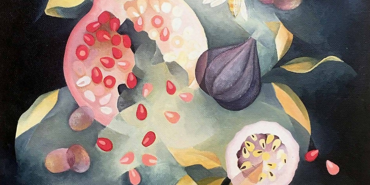 Abstract painting of pomegranate and figs with leaves on a dark background.