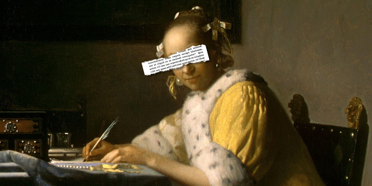 Woman in yellow with fur trim writing with a quill at a table, eyes covered by text block.