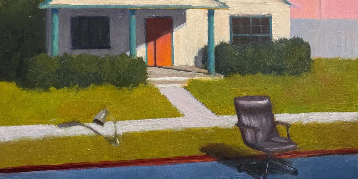 Painting of a house with teal pillars, orange door, and black chair on a blue road in front.