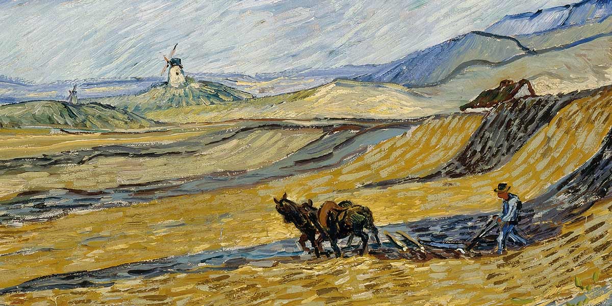 Painting of a farmer plowing a field with two horses beneath hills and windmills in the background.
