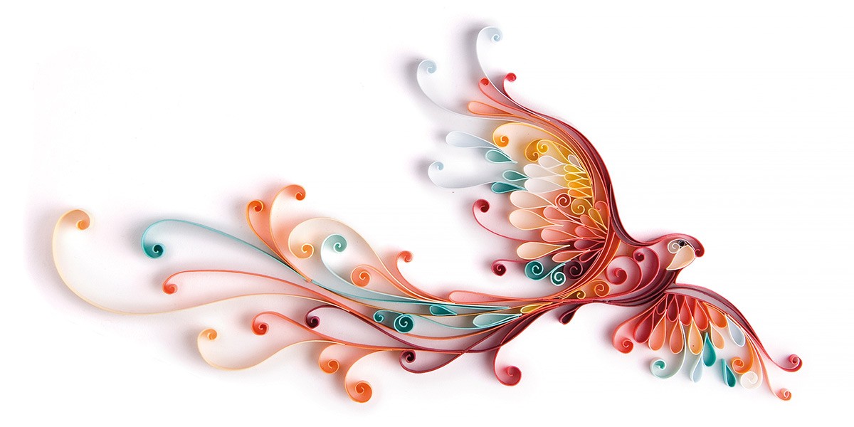 Colorful paper quilling art of a bird in flight with swirling feathers in red, orange, teal, and yellow.
