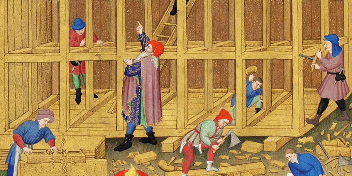 Medieval men dressed in colorful robes building a wooden structure, some using tools like axes and hammers.