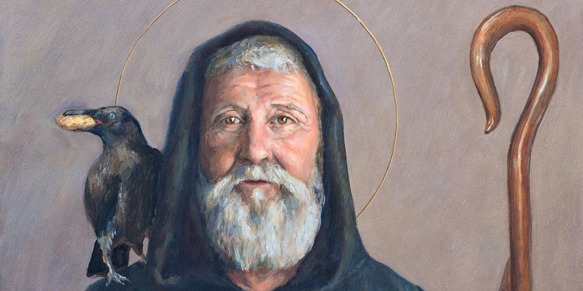 Painting of a bearded man in dark hood with a raven holding a nut and a wooden staff.