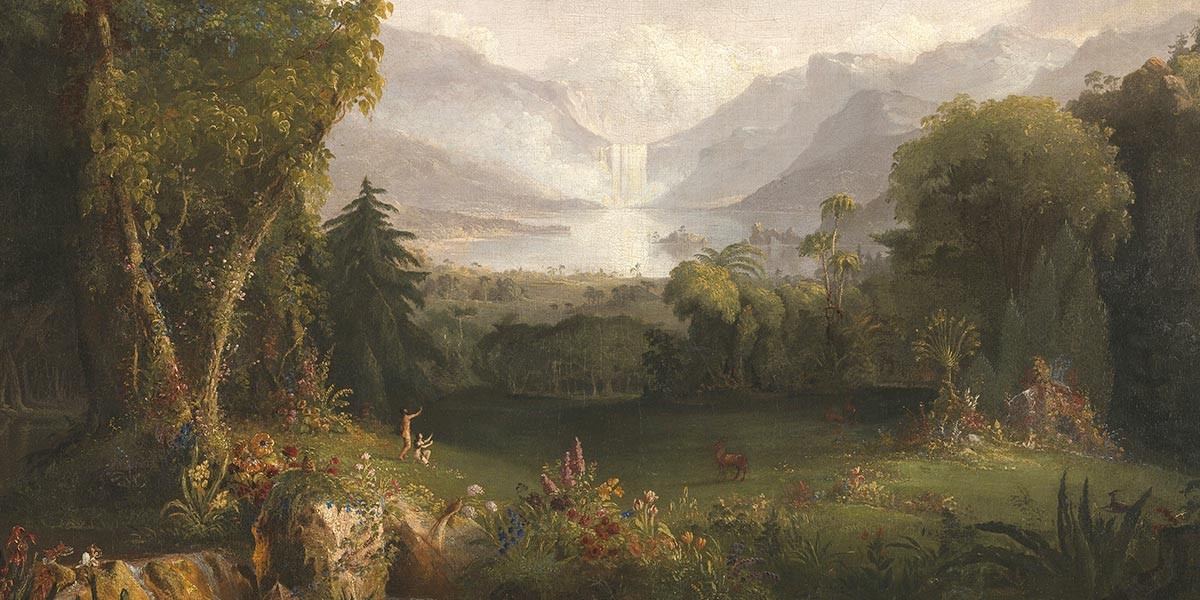 A lush green landscape with wildflowers, trees, distant mountains, a waterfall, and small figures in a meadow.