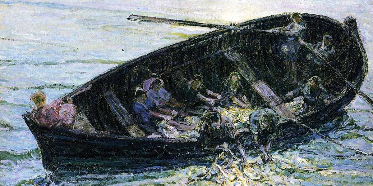 Impressionist painting of people in a wooden boat rowing on water.