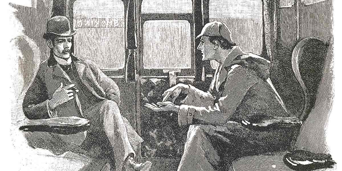 Black and white illustration of two men talking inside a train compartment.