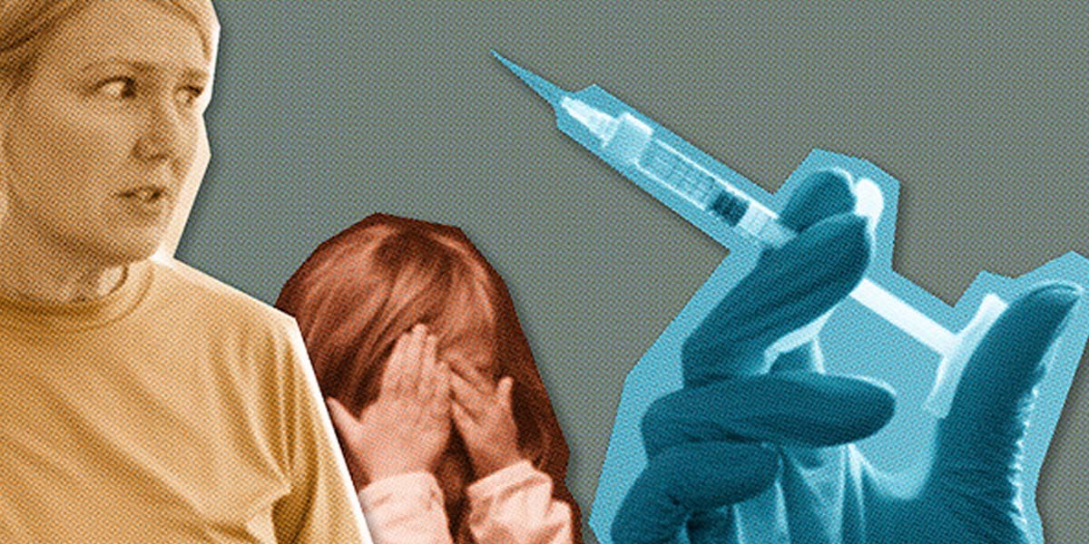 Worried woman looking sideways and child covering eyes next to a hand holding a syringe.