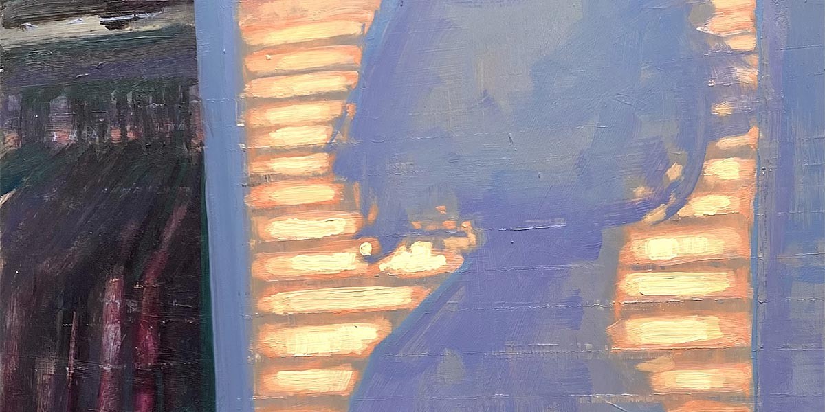 Abstract painting with dark figure silhouette in front of yellow-orange striped background and blue borders.
