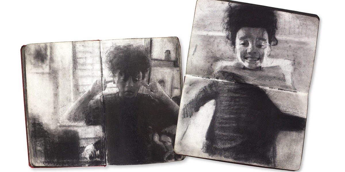 Two sketchbook pages with charcoal drawings of a person with curly hair in different poses indoors.