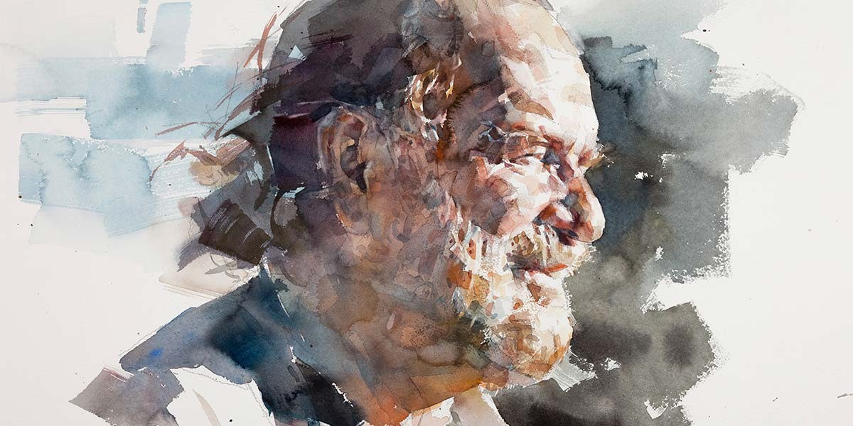 Watercolor painting of an older man with a beard smiling, shown in profile with loose brushstrokes.