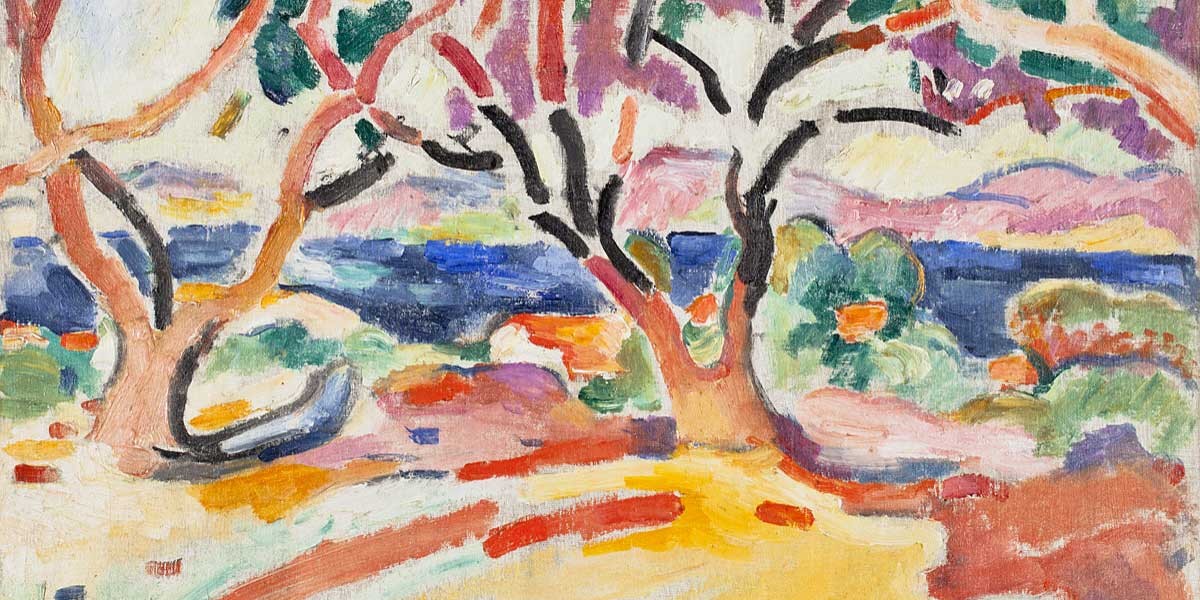Abstract landscape painting with colorful trees, blue water, and a yellow and red foreground.