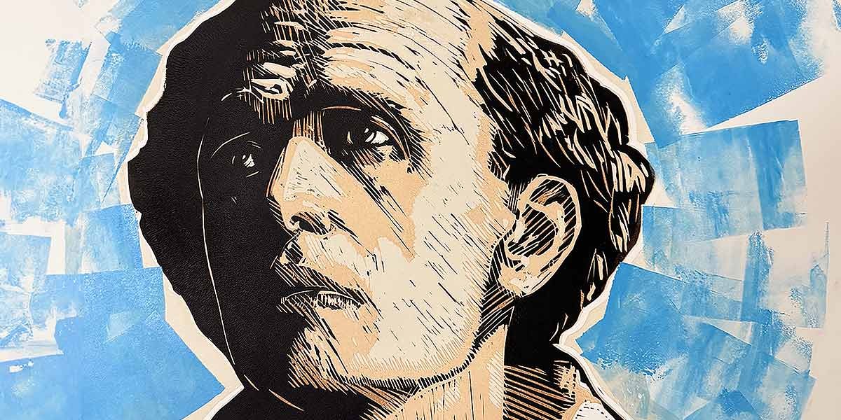Close-up of a painted portrait of a man's face in black and beige with a blue and white abstract background.