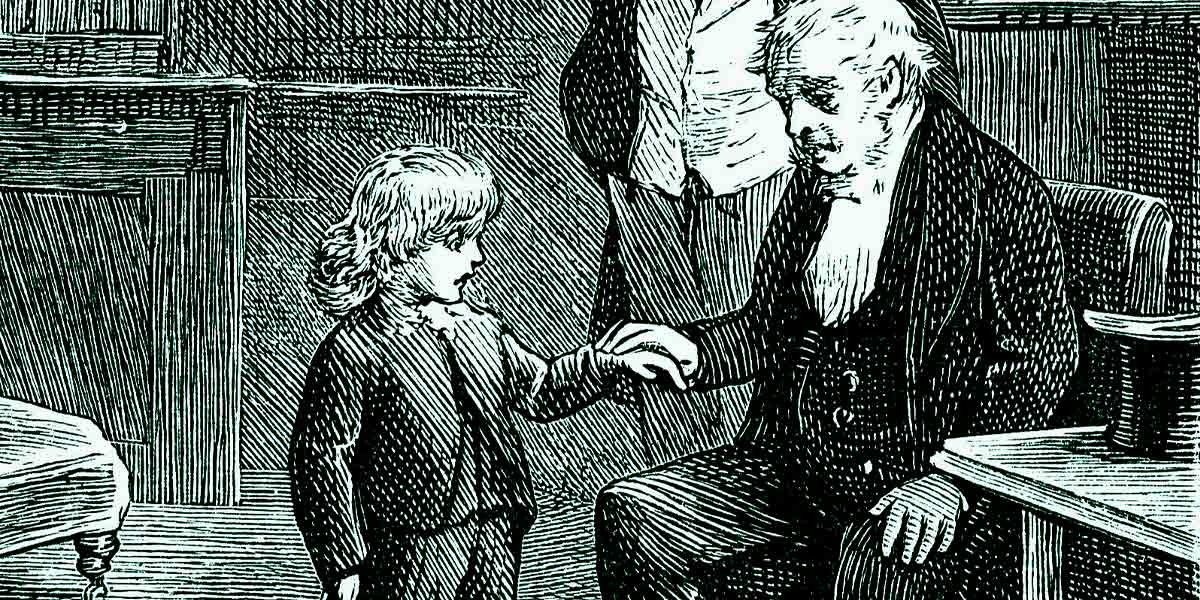 Black and white illustration of an elderly man holding hands with a young boy in a room.