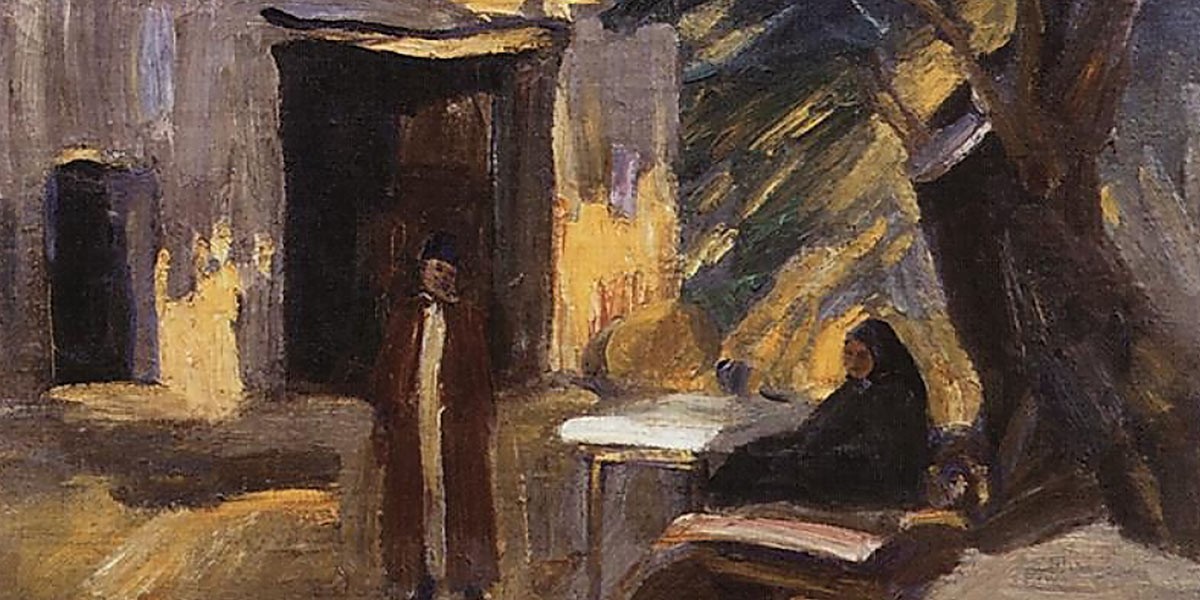 Impressionist painting of a person in a long coat near a table and seated figure outside a building.