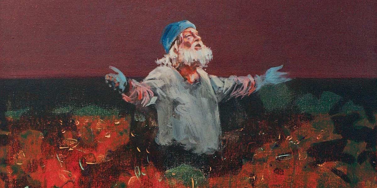 Painting of an elderly man with white beard and blue hat raising arms standing among red flowers.