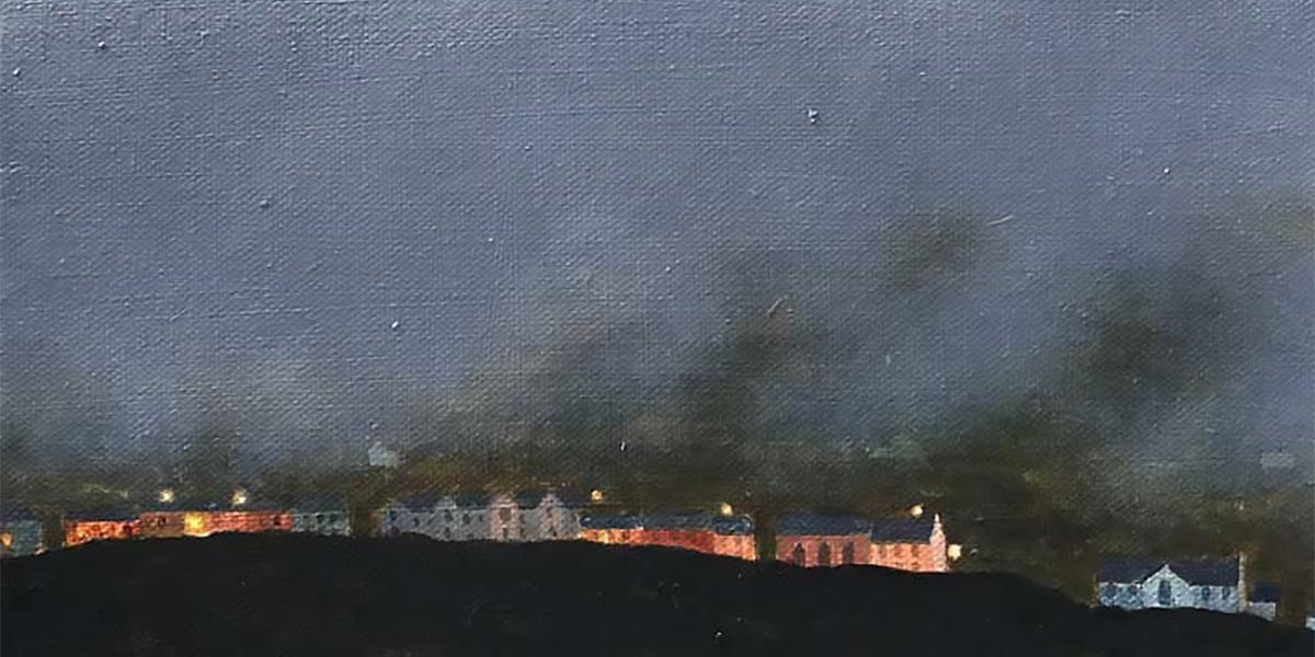 Painting of a dark night scene showing scattered lit buildings with smoke rising in the background.