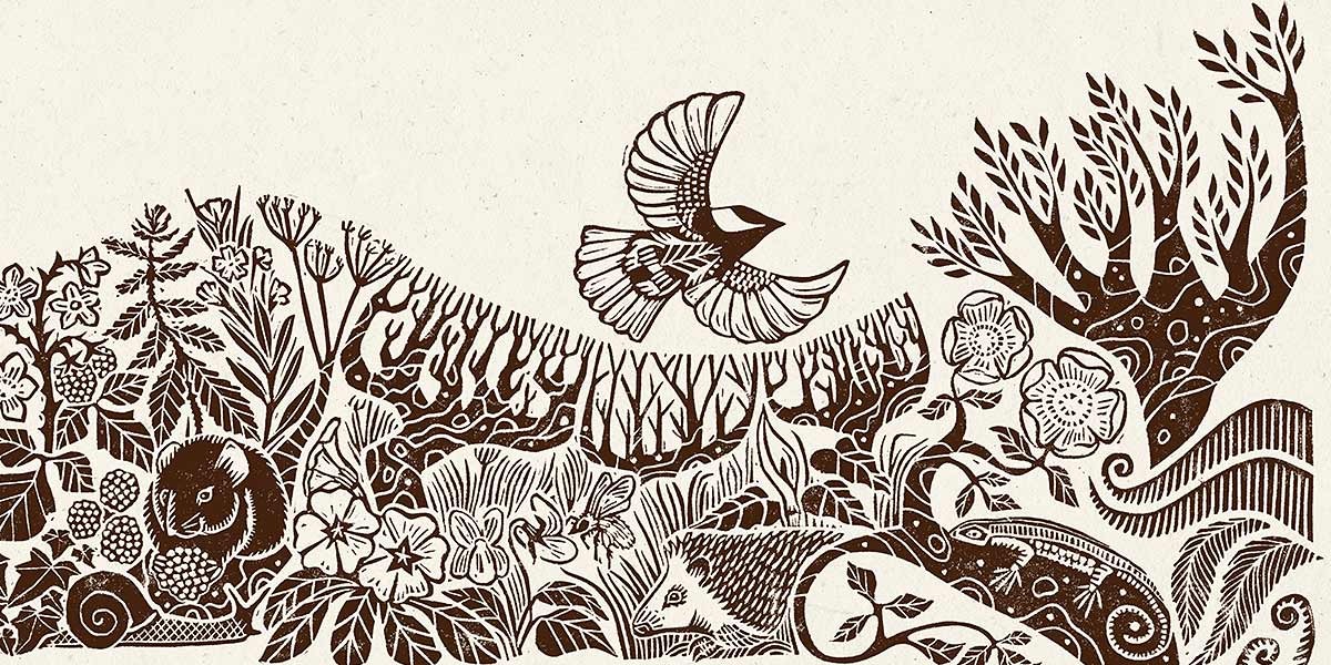 Intricate brown nature illustration with animals, plants, a flying bird, and a tree on a light background.