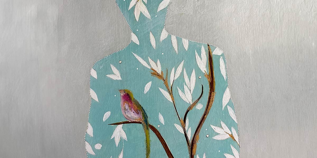 Silhouette of a person filled with blue background, white leaves, a bird, and brown branches.