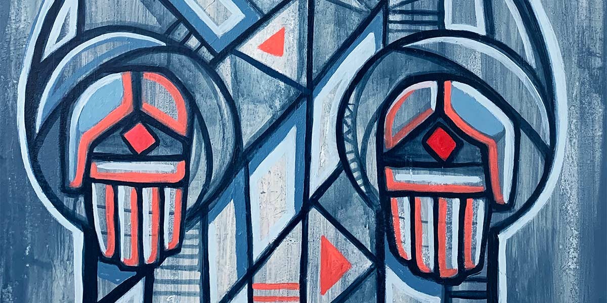 Abstract geometric artwork with symmetrical shapes and hand-like figures in blue, gray, and red tones.