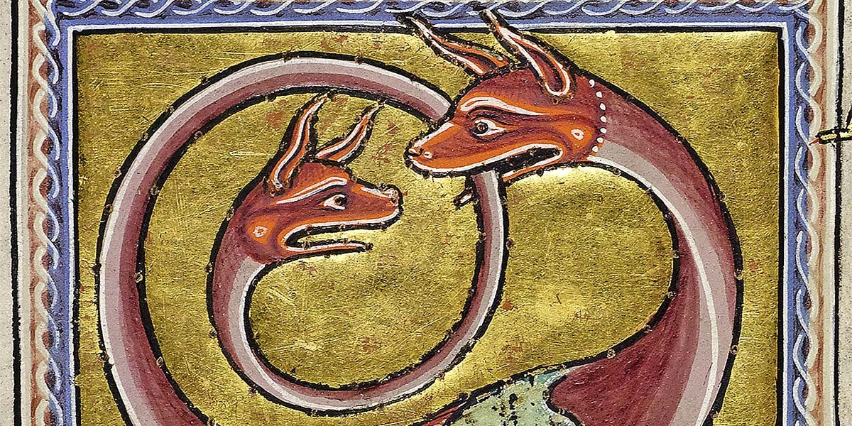 Medieval illustration of two intertwined serpent-like creatures with red heads facing each other.