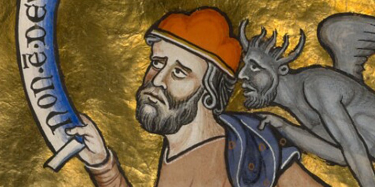Medieval-style painting of a man in an orange cap with a gray winged devil whispering in his ear.