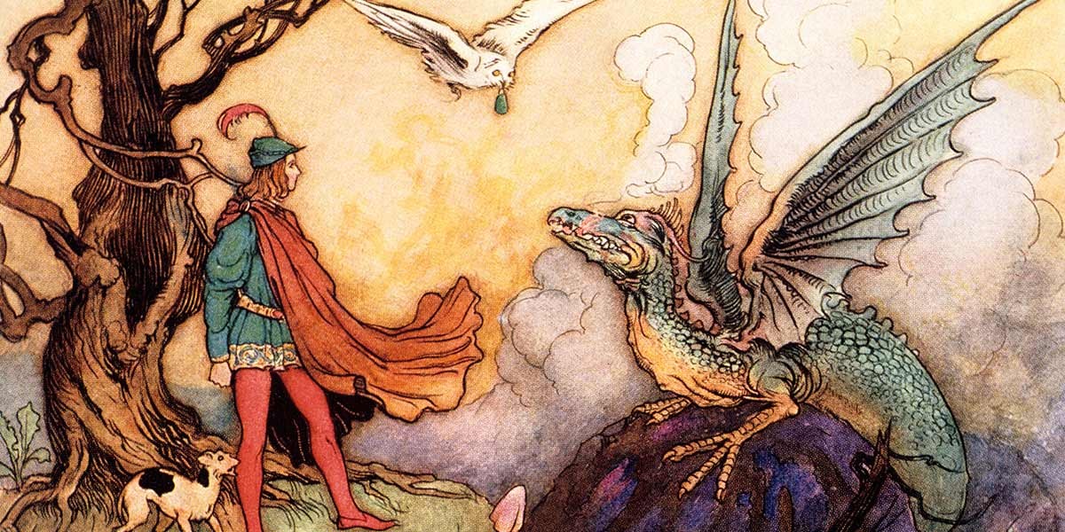 Medieval-style illustration of a man in cape facing a dragon while a bird flies above holding a jewel.