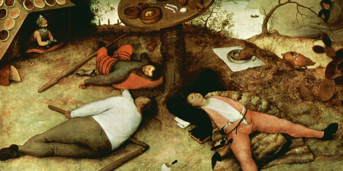 Painting of three men lying asleep on the ground under a table with food and a child nearby.
