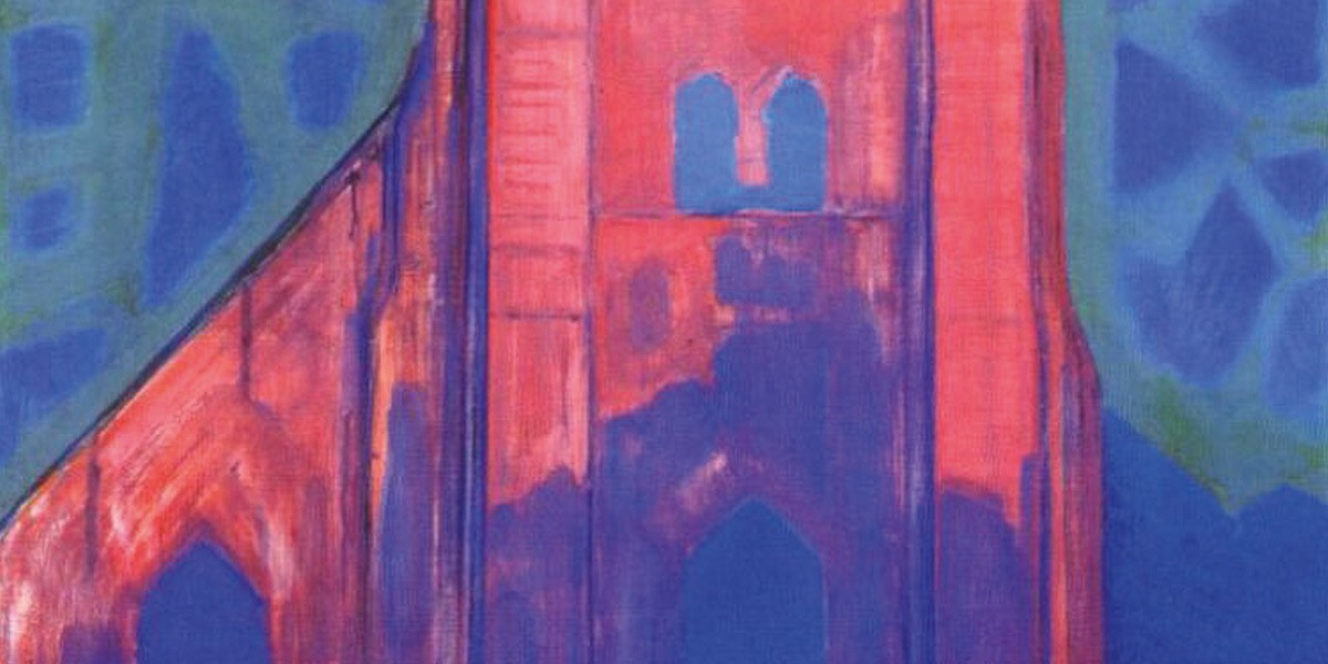 Abstract painting of a red building with arched windows against a blue and green background.