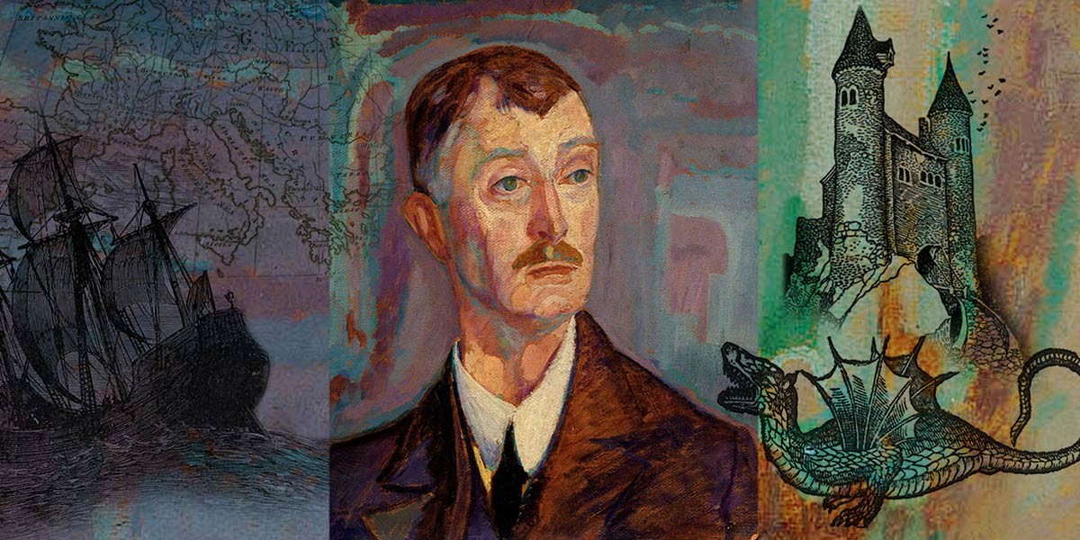 Painting of a man in a brown suit with a mustache, flanked by a ship and a castle with a dragon illustration.