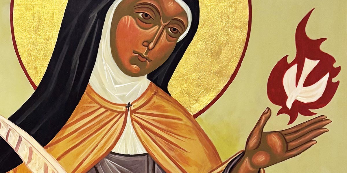 Religious icon painting of a saint with a golden halo holding a red flame with a white dove inside.