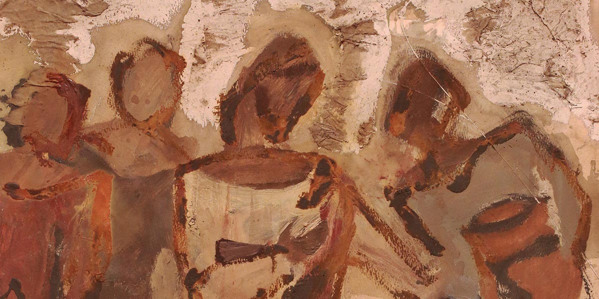 Abstract painting of four human-like figures in earthy tones on textured background.