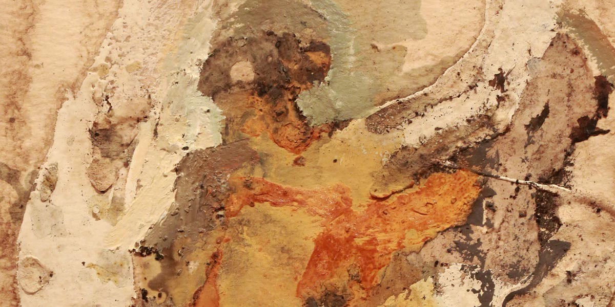Ancient rock painting depicting a human figure with outstretched arms in brown and orange hues.