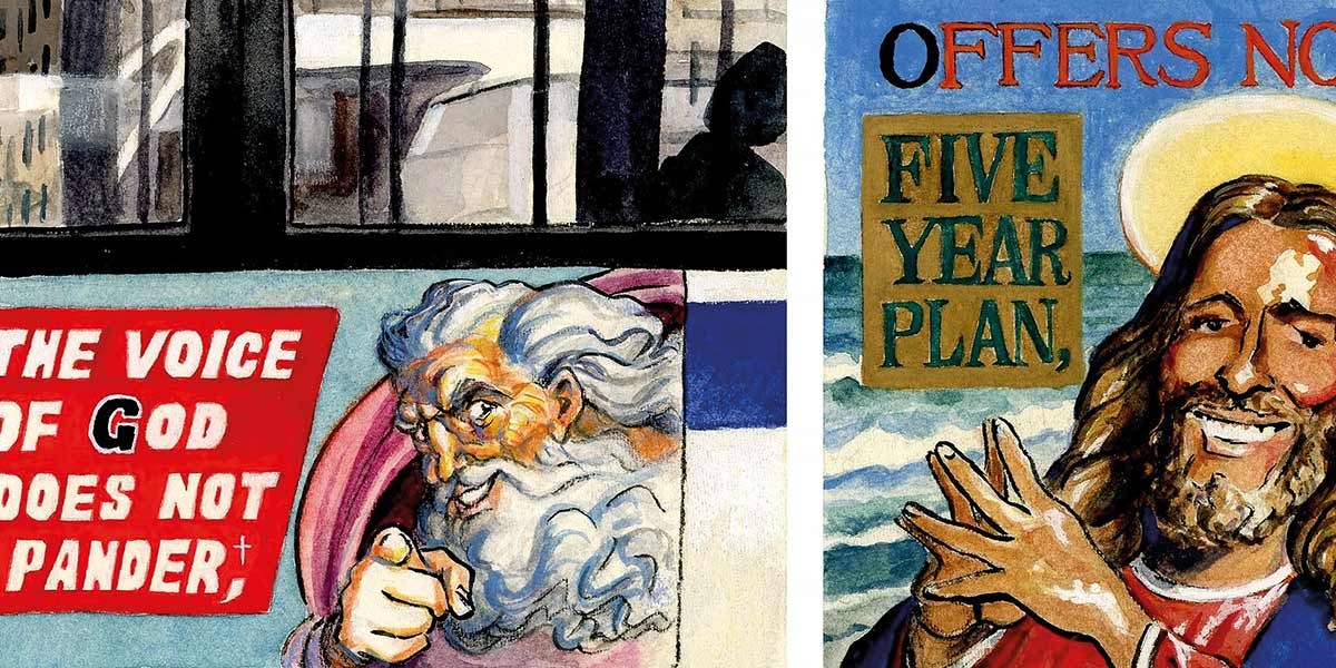 Cartoon of God with white beard pointing and Jesus smiling with text about a five year plan offer.