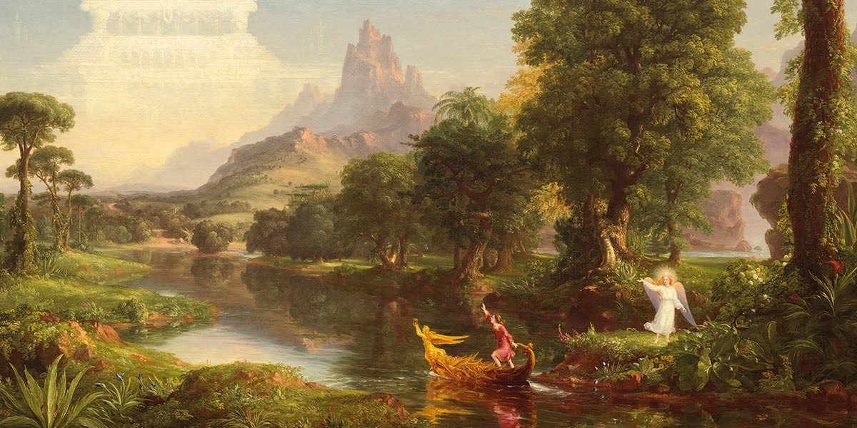 River landscape with dense trees, mountains in background, a glowing angel on shore, and two figures in a boat.