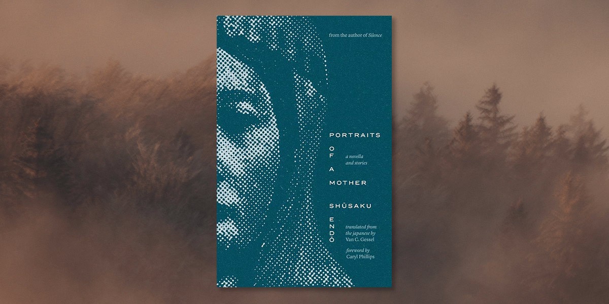 Book cover of Portraits of a Mother by Shūsaku Endō with a dotted face illustration on blue background.