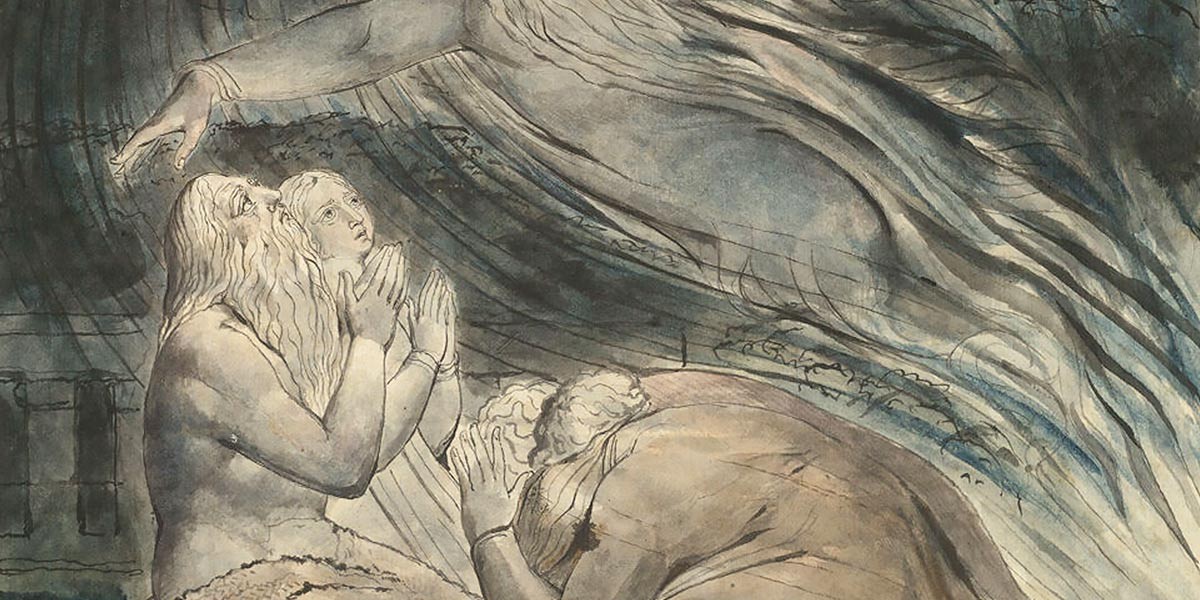 Three figures with long hair and robes, praying and looking at a large ethereal hand reaching down.