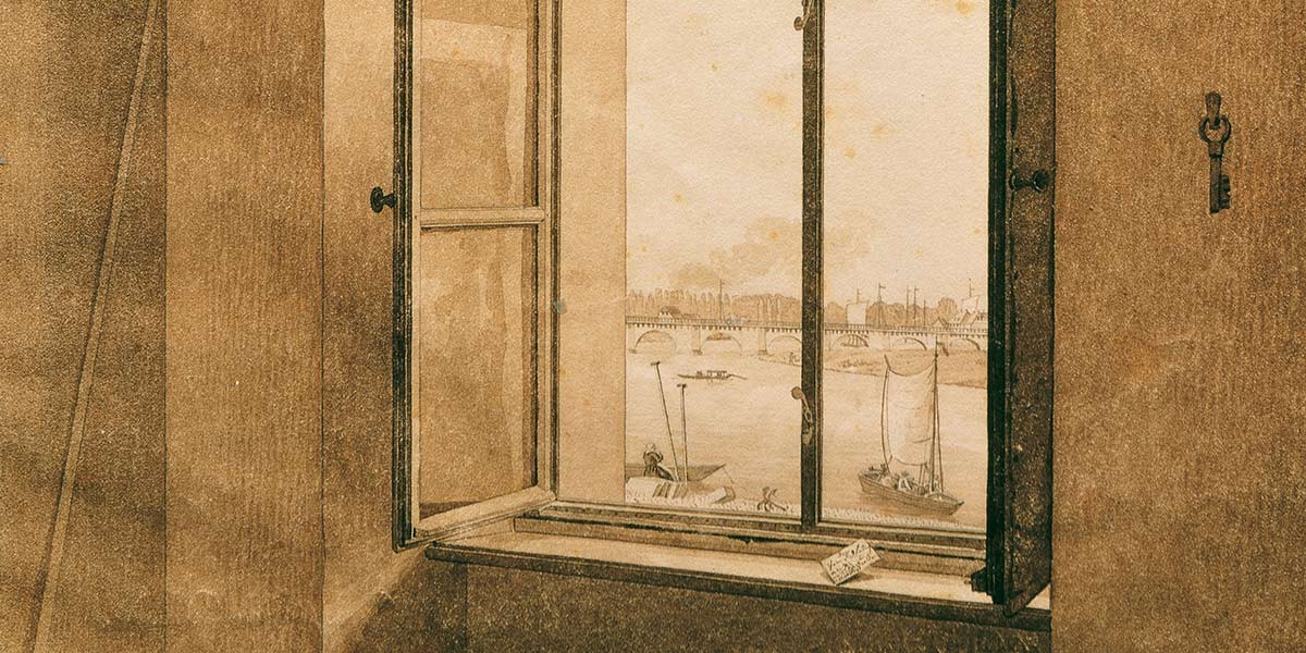 Sepia drawing of an open window overlooking a river with boats and a bridge in the distance.