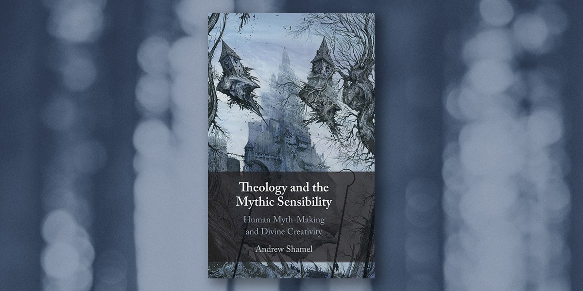 Book cover showing a dark, surreal castle with twisted towers and barren trees titled Theology and the Mythic Sensibility.