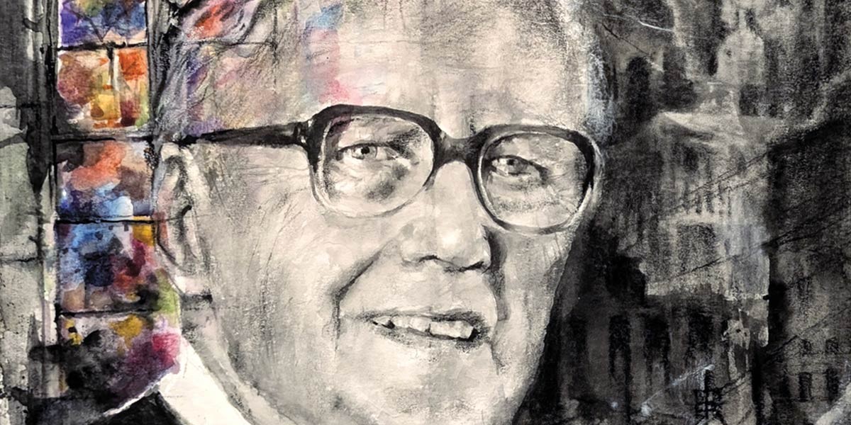 Black-and-white portrait drawing of a smiling man with glasses and colorful abstract background on left.