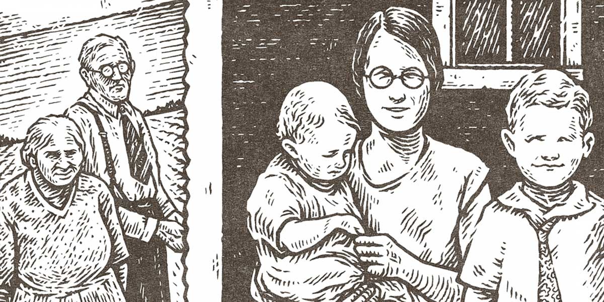 Black-and-white illustration of five people including an elderly couple, a woman holding a baby, and a boy.