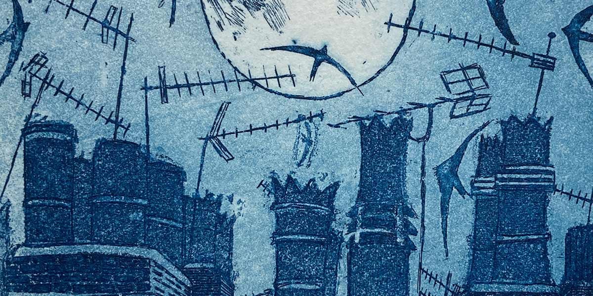 Blue-toned artwork depicting chimneys and rooftop TV antennas under a large moon in a textured sky.