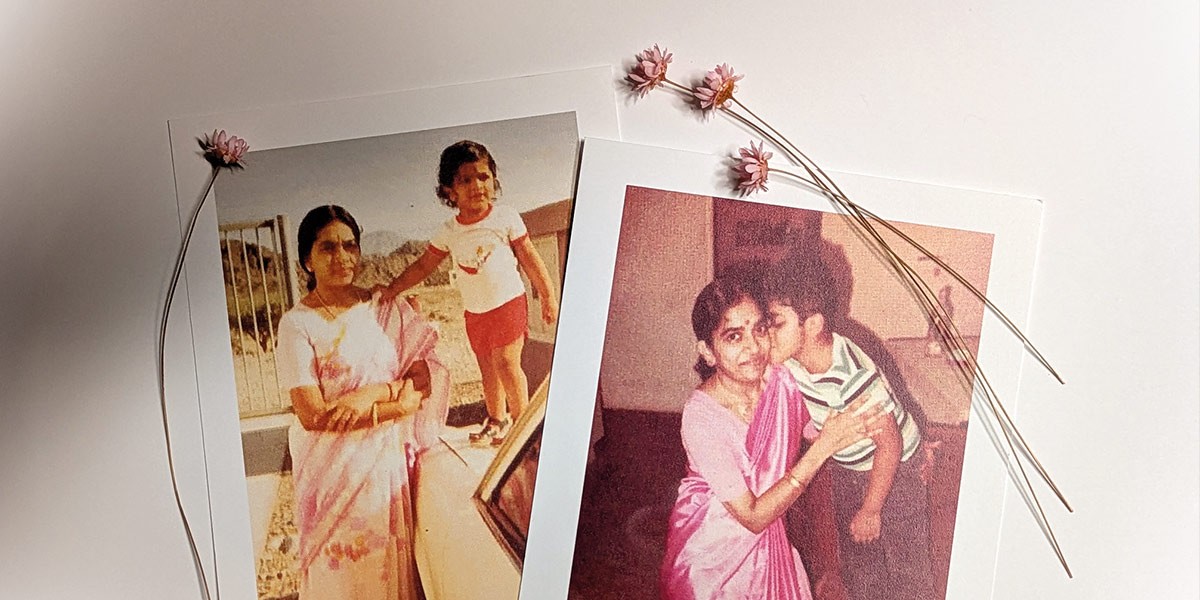 Two vintage photos: one of a woman in sari with a child outdoors, another with woman in pink sari hugged by a child.