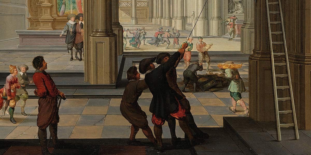 Renaissance scene with men pulling rope, others carrying items, and groups in a grand interior with columns.